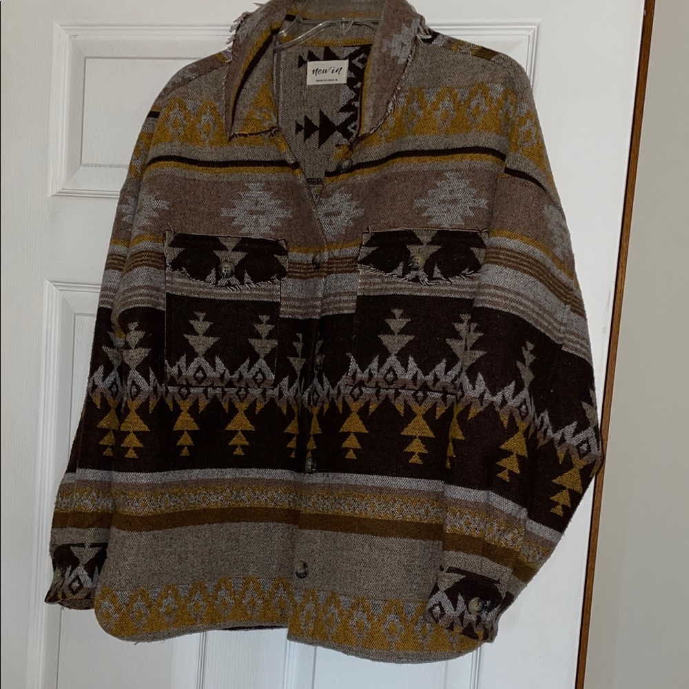 Women's Patterned Zip-Up Jacket - Brown and Yellow
